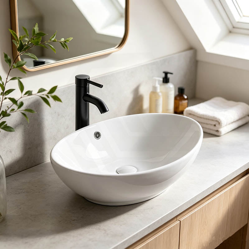Oval Above Counter Ceramic Basin with Overflow 590x380x195mm - Gloss White