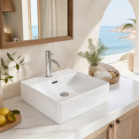 Rectangle Above Counter / Wall Hung Ceramic Basin One Tap Hole 410x420x130mm - Gloss White
