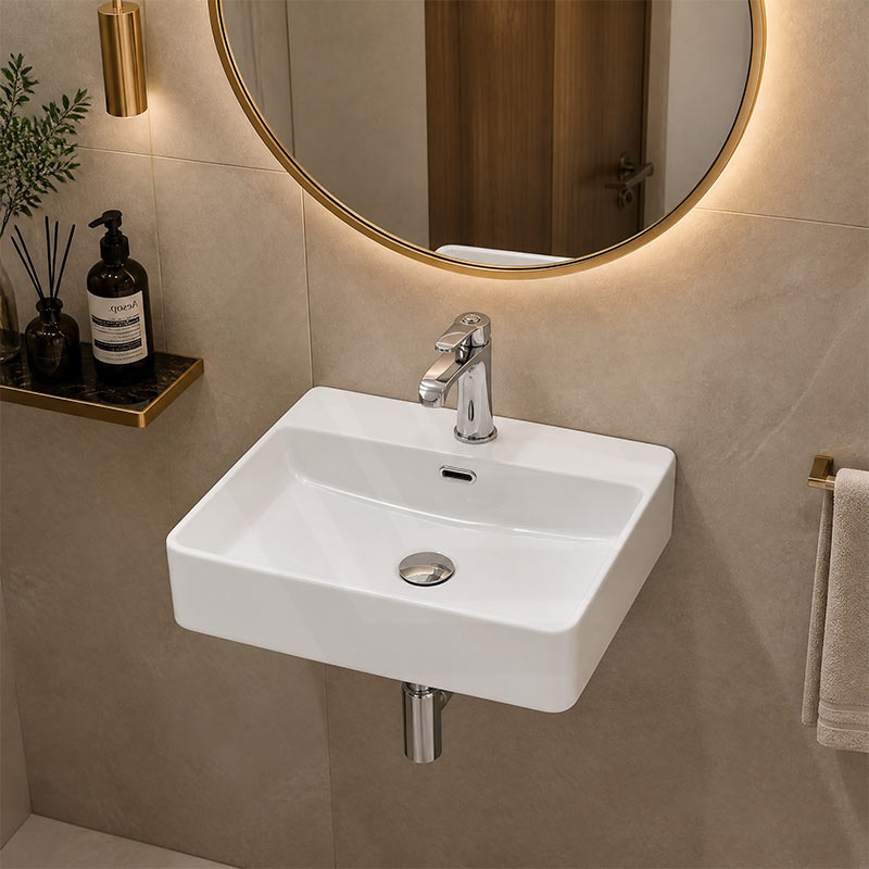 Above Counter/Wall Hung Rectangle Ceramic Basin One Tap Hole 500x420x130mm - Gloss White