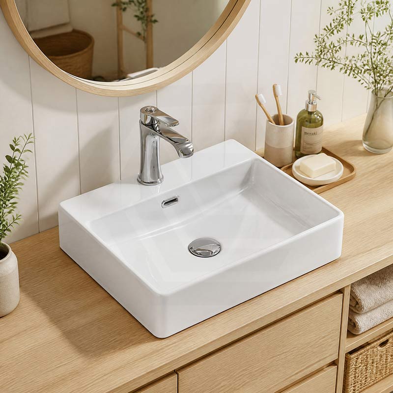Above Counter/Wall Hung Rectangle Ceramic Basin One Tap Hole 500x420x130mm - Gloss White
