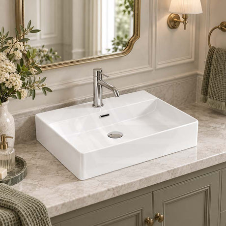 Above Counter / Wall Hung Rectangle Ceramic Basin One Tap Hole 600x420x130mm - Gloss White