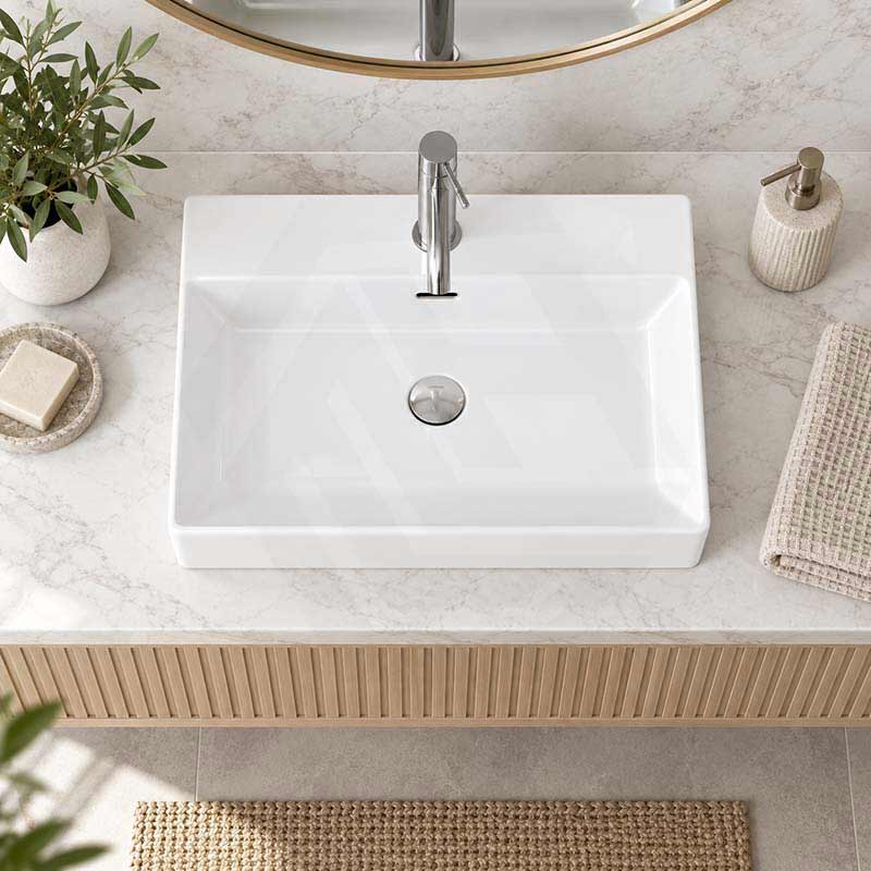 Above Counter / Wall Hung Rectangle Ceramic Basin One Tap Hole 600x420x130mm - Gloss White