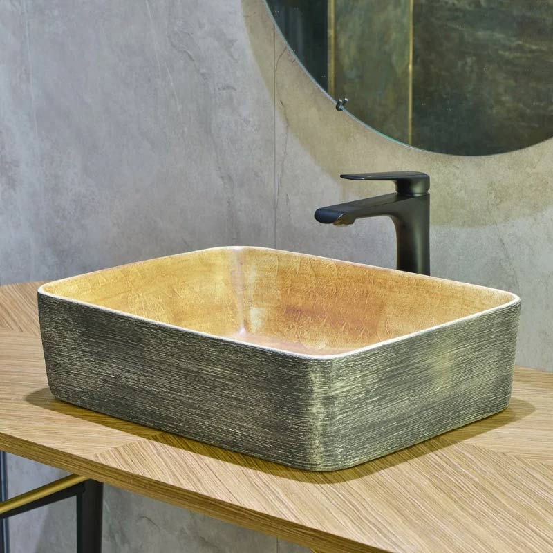 Rectangle Porcelain Above Counter Basin Art Basin Wash Basin 470x365x130mm - Pumpkin & Green Exterior