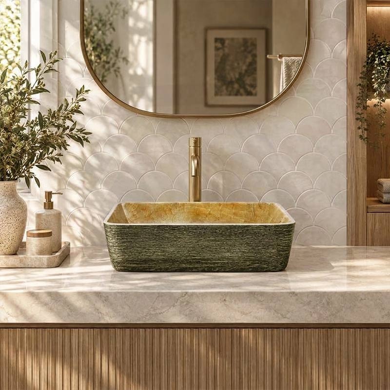 Rectangle Porcelain Above Counter Basin Art Basin Wash Basin 470x365x130mm - Pumpkin & Green Exterior