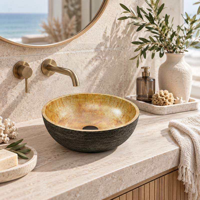 Round Porcelain Above Counter Basin Bathroom Wash Art Basin 340x340x140mm - Pumpkin&Green Exterior