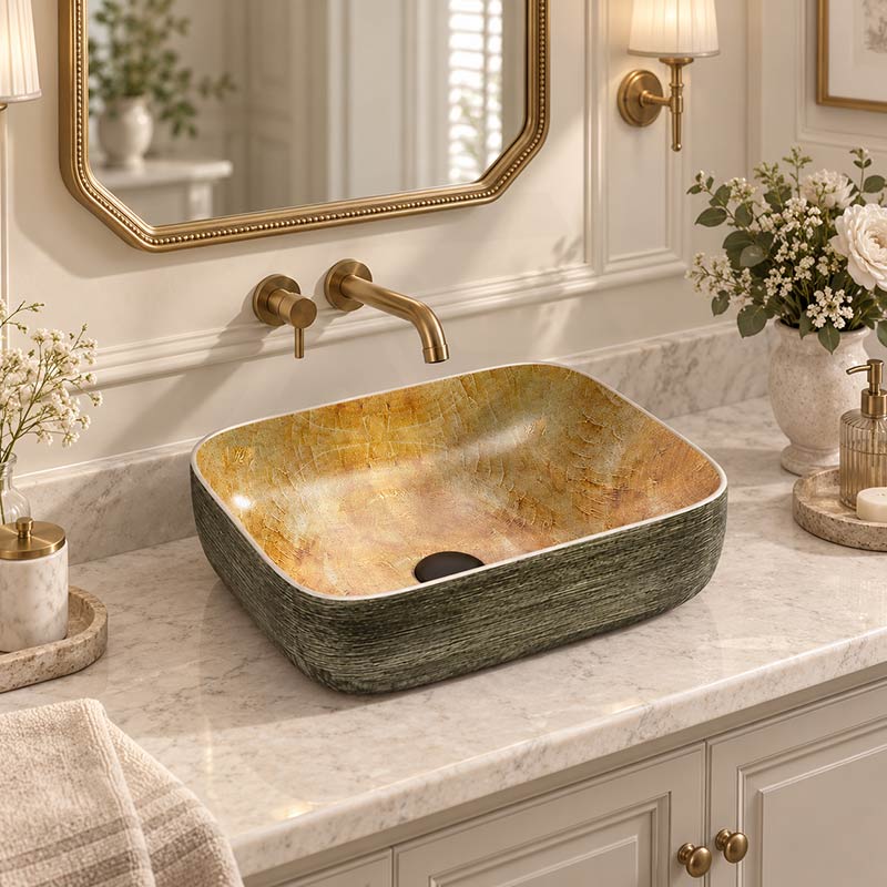 Rectangle Porcelain Above Counter Basin Bathroom Wash Art Basin 490x385x140mm - Pumpkin&Green Exterior