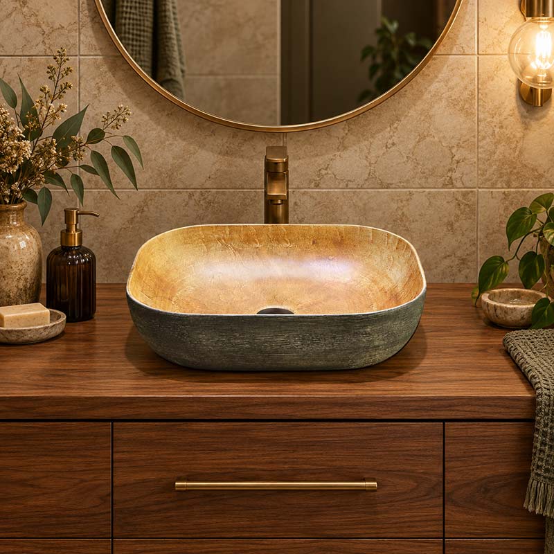 Rectangle Porcelain Above Counter Basin Bathroom Wash Art Basin 490x385x140mm - Pumpkin&Green Exterior