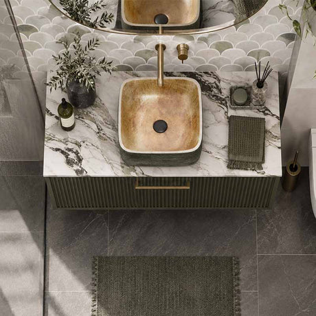 Infinity Square Porcelain Above Counter Basin Bathroom Wash Art Basin NO Overflow 380x380x140mm - Pumpkin & Green Exterior