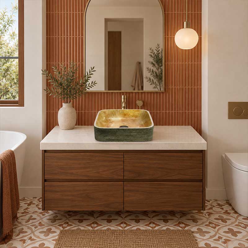 Infinity Square Porcelain Above Counter Basin Bathroom Wash Art Basin NO Overflow 380x380x140mm - Pumpkin & Green Exterior