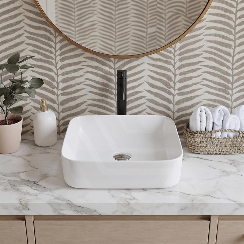 Square Above Counter Ceramic Basin for Bathroom 385x385x140mm - Gloss White