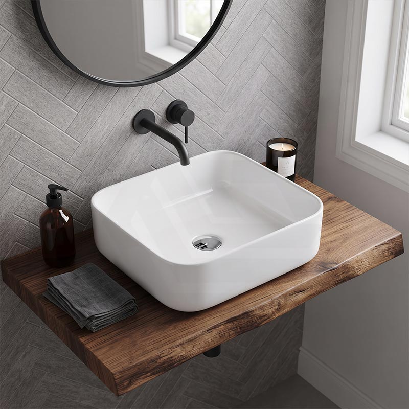 Square Above Counter Ceramic Basin for Bathroom 385x385x140mm - Gloss White