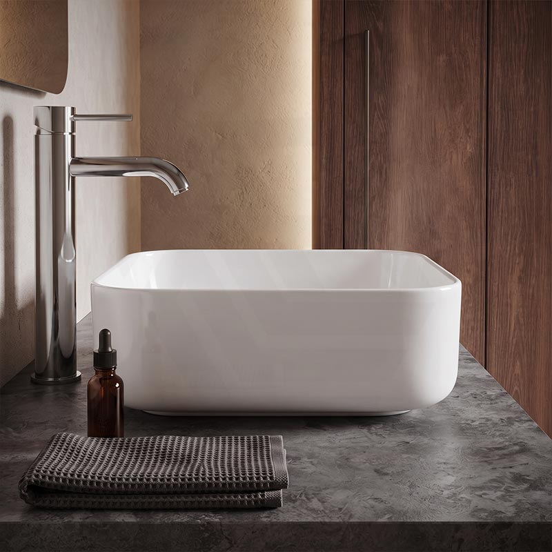 Square Above Counter Ceramic Basin for Bathroom 385x385x140mm - Gloss White