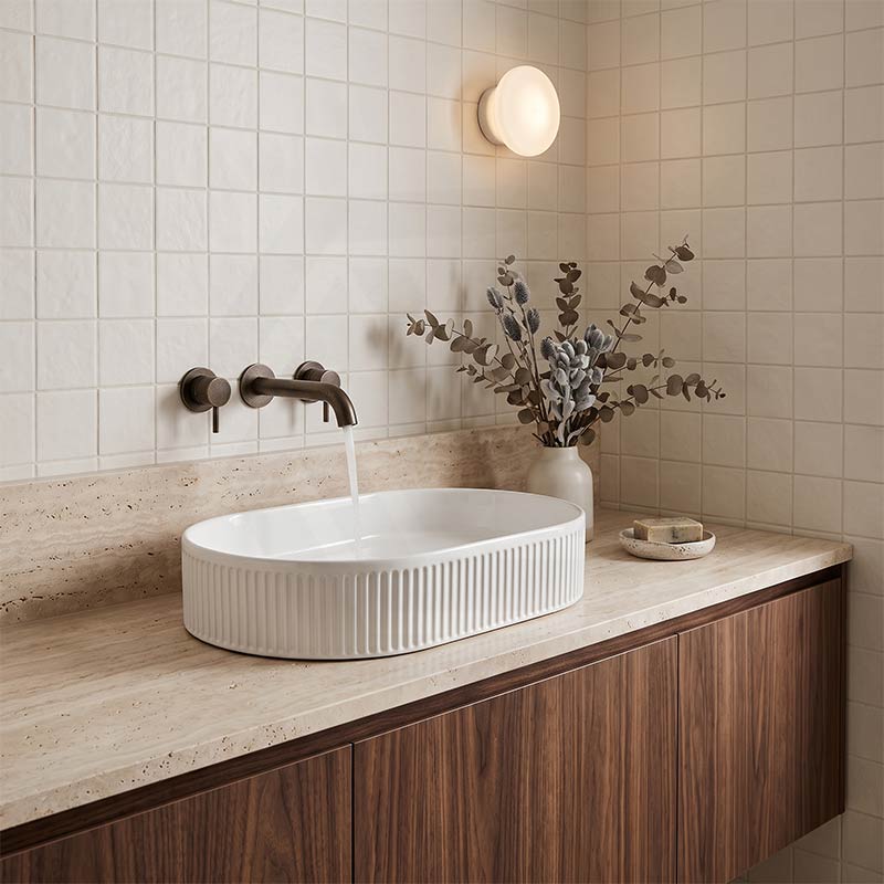 Infinity Oval Fluted Above Counter Ceramic Basin 595x375x105mm - Variant Colour