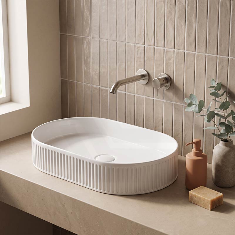 Infinity Oval Fluted Above Counter Ceramic Basin 595x375x105mm - Variant Colour