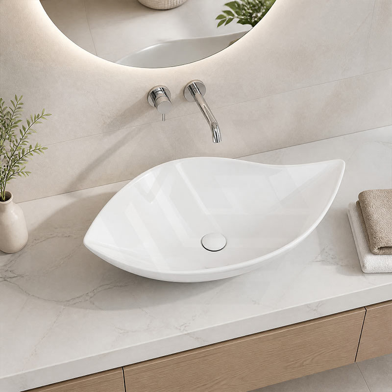 Bathroom Above Counter Ceramic Art Basin Leaf Shape 660x390x150mm - Gloss White