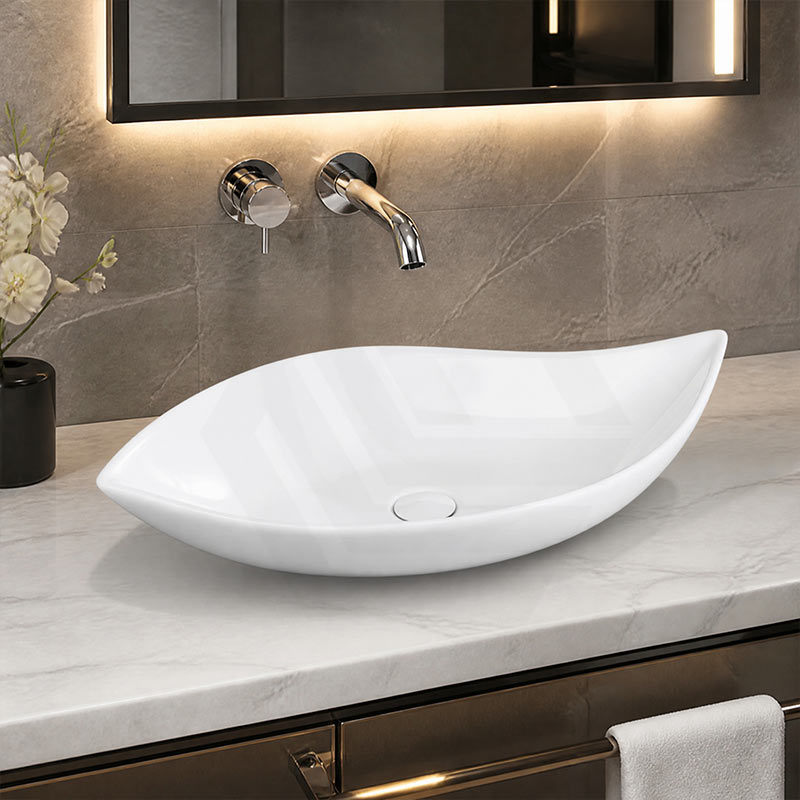Bathroom Above Counter Ceramic Art Basin Leaf Shape 660x390x150mm - Gloss White