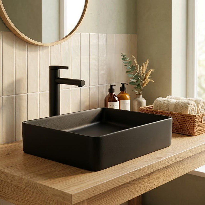 Infinity Ceramic Basin Above Counter Rectangular 480x370x110mm - Matt Black/White