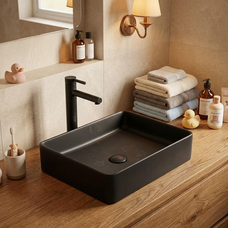 Infinity Ceramic Basin Above Counter Rectangular 480x370x110mm - Matt Black/White