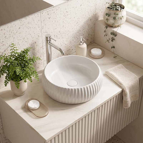 Round Above Counter Ceramic Basin 420x420x135mm - Gloss White/ Matt White