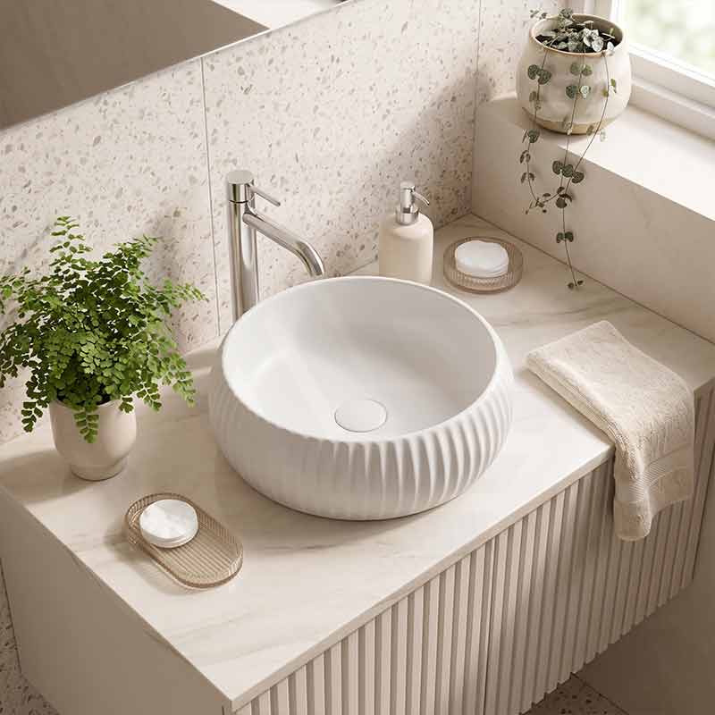 Round Above Counter Ceramic Basin 420x420x135mm - Gloss White/ Matt White