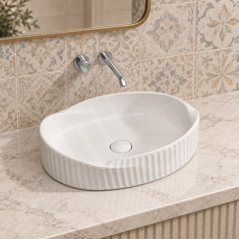 Special Shape Fluted Above Counter Ceramic Basin 600x385x135mm - Variant Colour