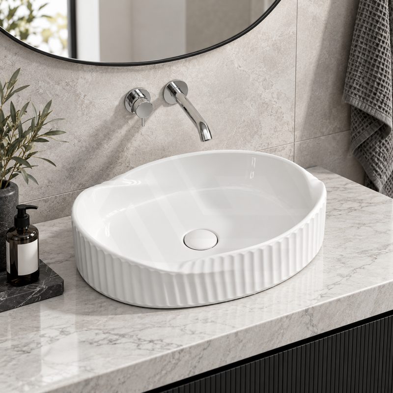 Special Shape Fluted Above Counter Ceramic Basin 600x385x135mm - Variant Colour