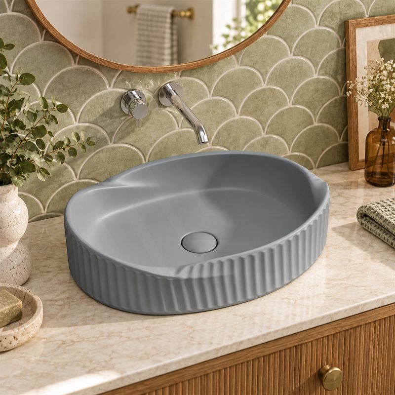 Special Shape Fluted Above Counter Ceramic Basin 600x385x135mm - Variant Colour