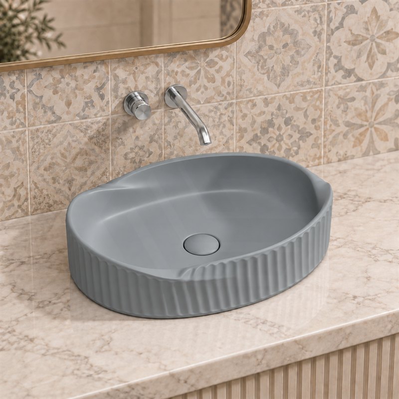 Special Shape Fluted Above Counter Ceramic Basin 600x385x135mm - Variant Colour