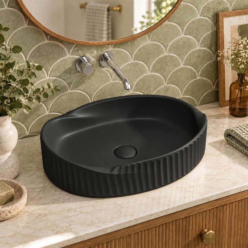Special Shape Fluted Above Counter Ceramic Basin 600x385x135mm - Variant Colour