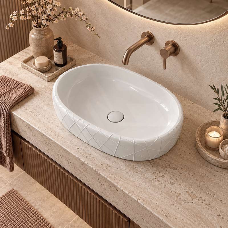 Oval Curved Design Above Counter Ceramic Basin 600x390x135mm - In Various Colour