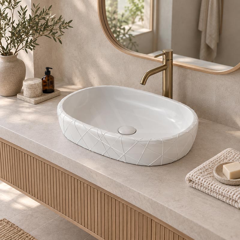 Oval Curved Design Above Counter Ceramic Basin 600x390x135mm - In Various Colour