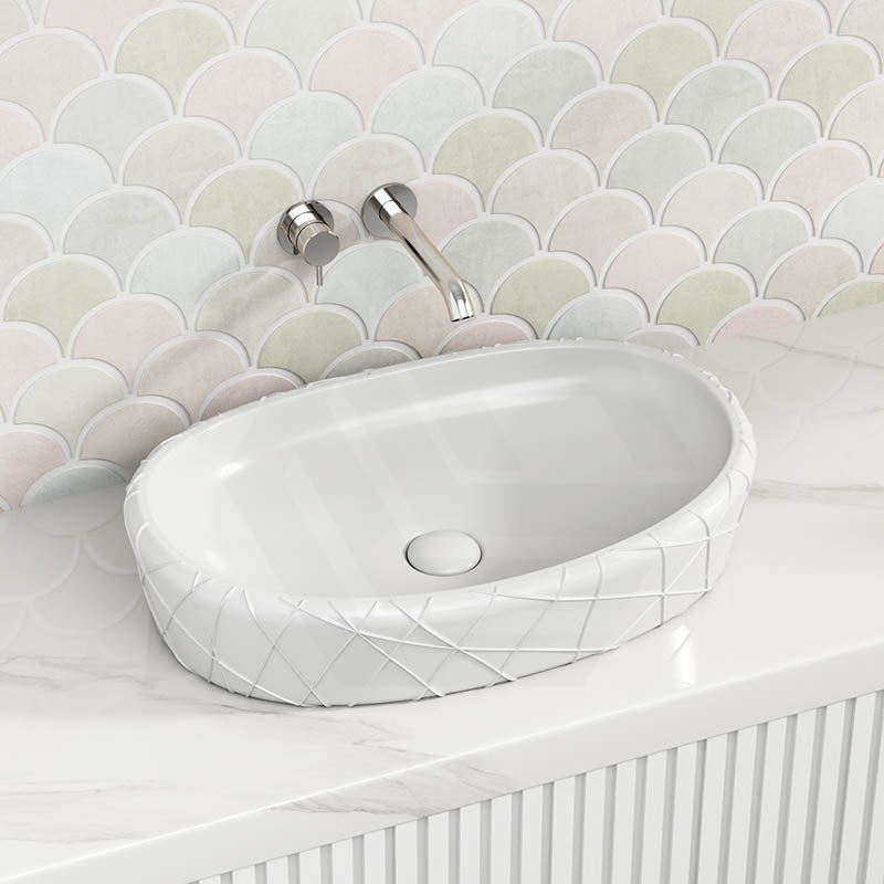 600x390x135mm Oval Above Counter Ceramic Basin Gloss White
