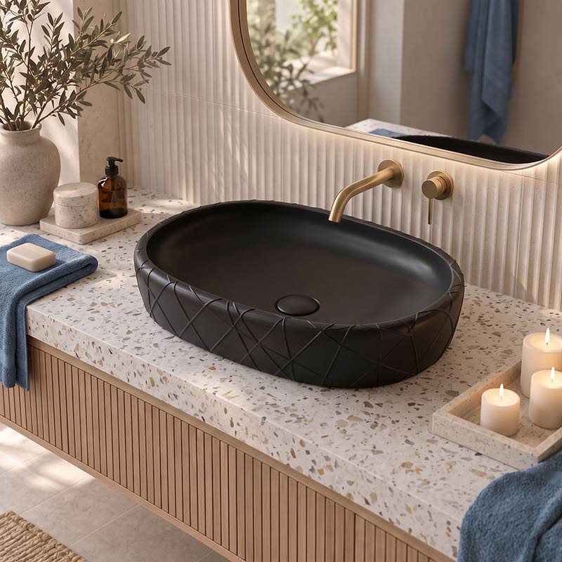 Oval Curved Design Above Counter Ceramic Basin 600x390x135mm - In Various Colour