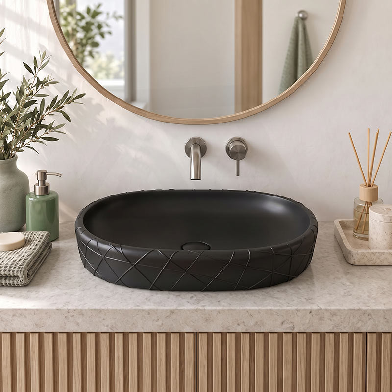 Oval Curved Design Above Counter Ceramic Basin 600x390x135mm - In Various Colour
