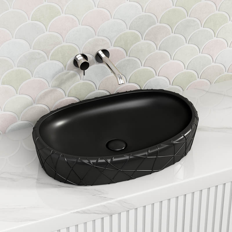 600x390x135mm Oval Above Counter Ceramic Basin Matt Black