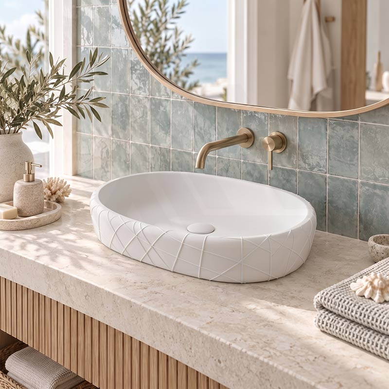 Oval Curved Design Above Counter Ceramic Basin 600x390x135mm - In Various Colour