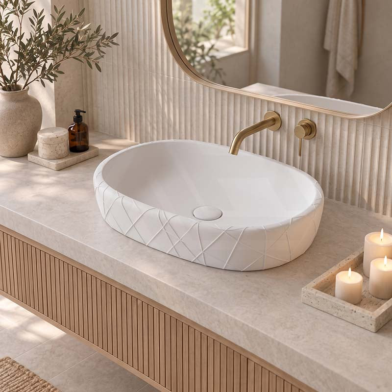 Oval Curved Design Above Counter Ceramic Basin 600x390x135mm - In Various Colour