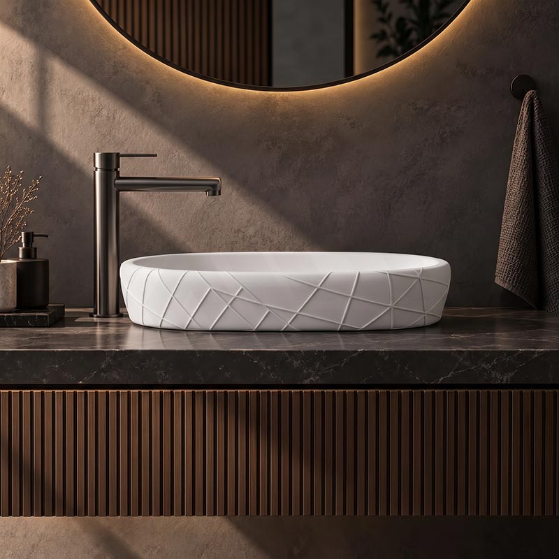 Oval Curved Design Above Counter Ceramic Basin 600x390x135mm - In Various Colour