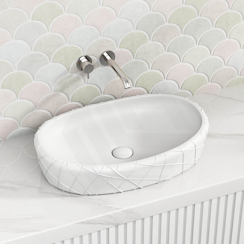 600x390x135mm Oval Above Counter Ceramic Basin Matt White