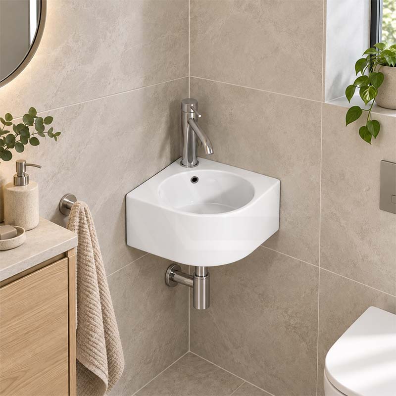 Infinity Ceramic Corner Wall Hung & Above Counter Basin with Overflow 440x385x155mm - Gloss White