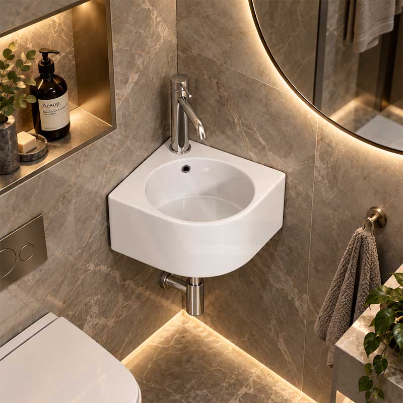 Infinity Ceramic Corner Wall Hung & Above Counter Basin with Overflow 440x385x155mm - Gloss White