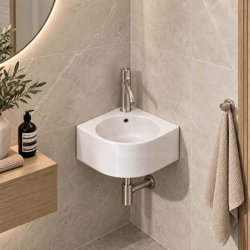 Infinity Ceramic Corner Wall Hung & Above Counter Basin with Overflow 440x385x155mm - Gloss White