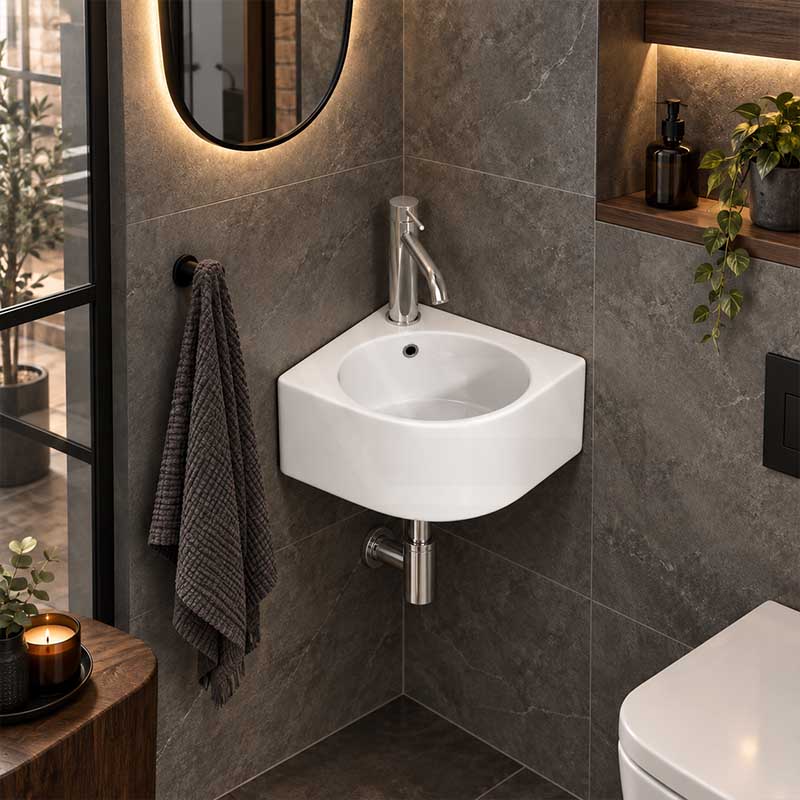 Infinity Ceramic Corner Wall Hung & Above Counter Basin with Overflow 440x385x155mm - Gloss White