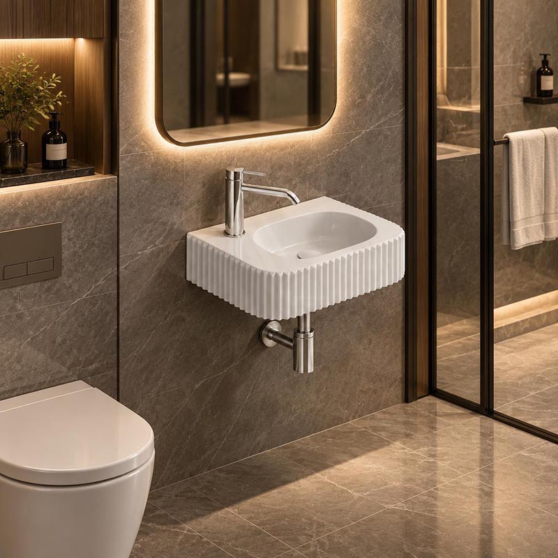 Fluted Wall Hung & Above Counter Basin Ceramic 450x270x115mm - Gloss White