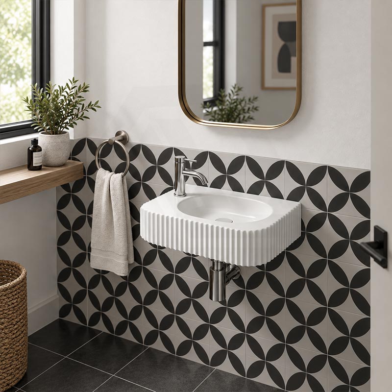 Fluted Wall Hung & Above Counter Basin Ceramic 450x270x115mm - Gloss White