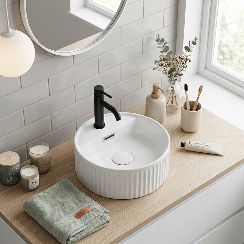 Infinity Round Fluted Above Counter Basin with Tap Hole 280x280x120mm - Gloss White