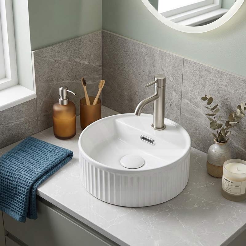 Infinity Round Fluted Above Counter Basin with Tap Hole 280x280x120mm - Gloss White
