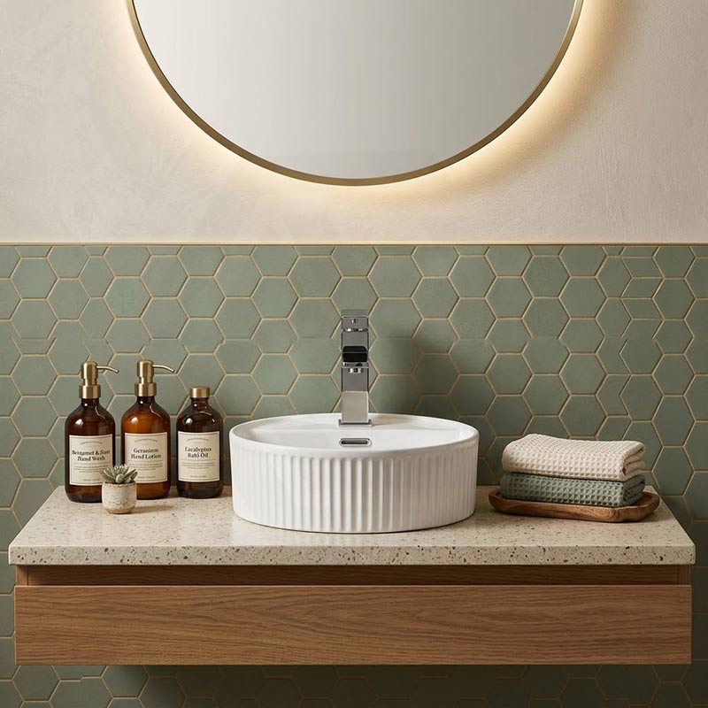 Infinity Round Fluted Above Counter Basin with Tap Hole 280x280x120mm - Gloss White