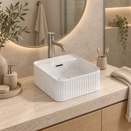 Infinity Square Fluted Ceramic Above Counter Basin with Tap Hole & Overflow 275x275x120mm - Gloss White