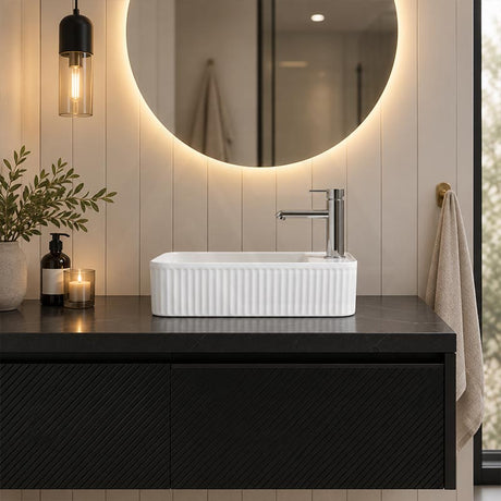 Fluted Rectangular Above Counter Basin Ceramic with Tap Hole 360x195x120mm - Gloss White